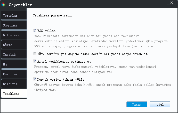 Disk yedekleme parametresi