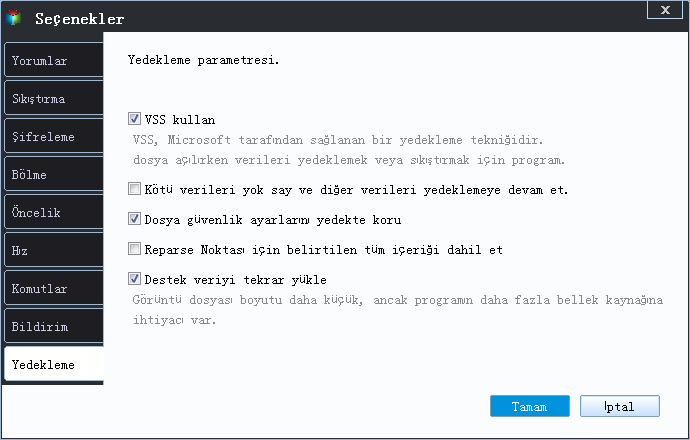 Dosya yedekleme parametresi