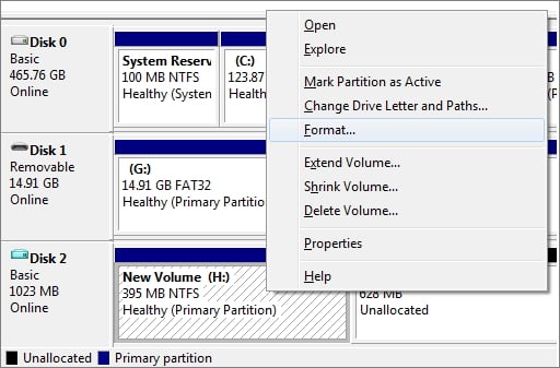 convert RAW SD card to FAT32/NTFS with disk management