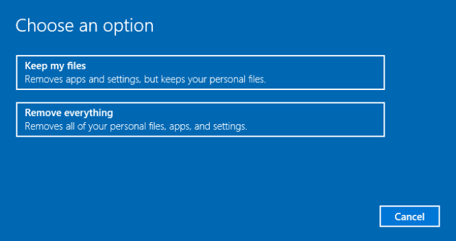 reset windows 10 to fix corrupt user profile in windows 10