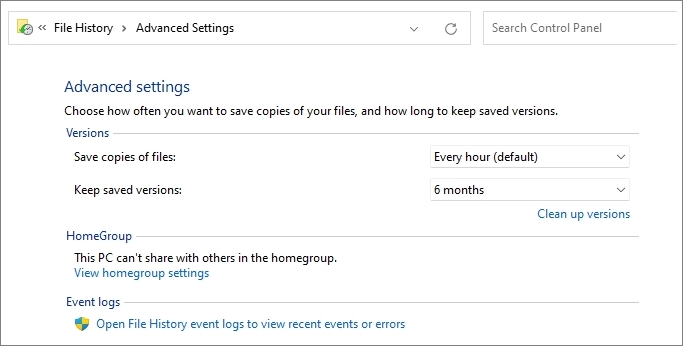 File History Advanced Settings