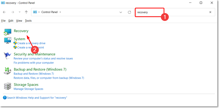 control panel search recovery