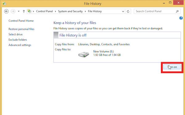 Turning on the File History