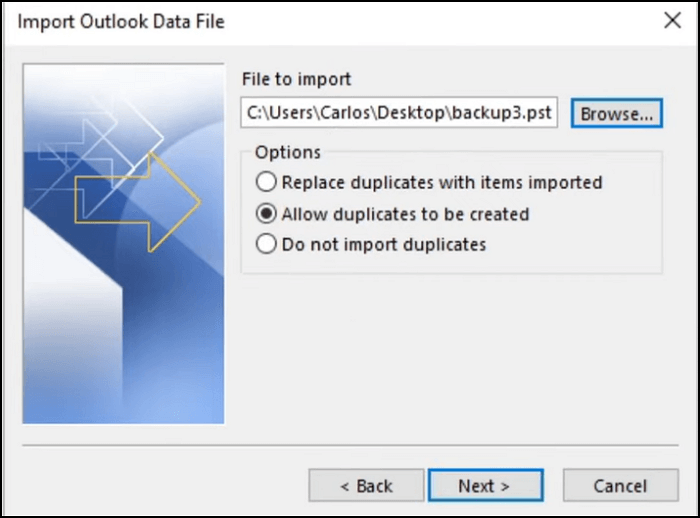 find your PST file and choose destination