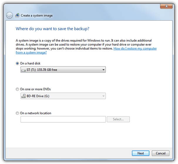Save your backup on a hard disk and select next