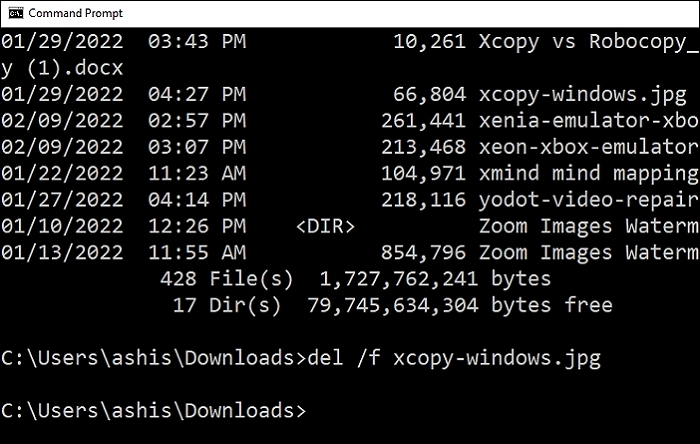 force delete files command prompt