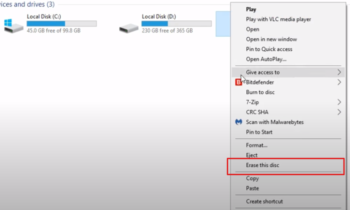 Right Click and Select Erase This Disc