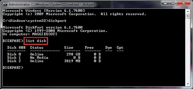 type list disk to format USB flash drive using cmd