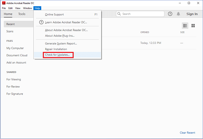 adobe reader check update