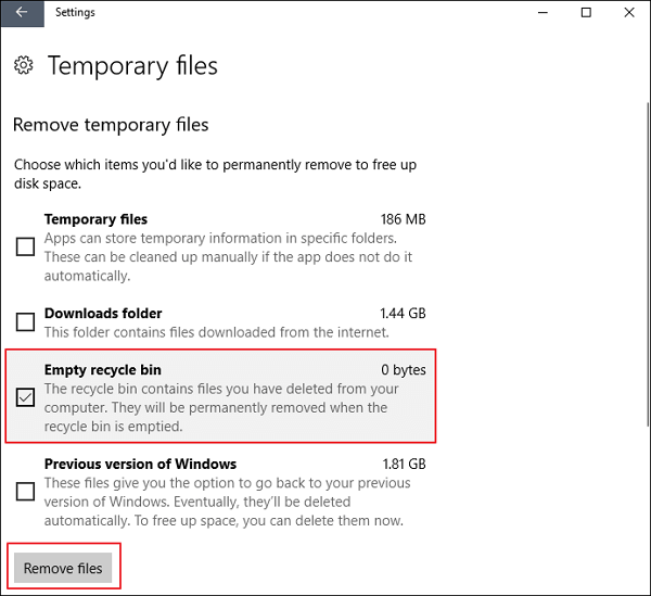 empty recycle bin in settings