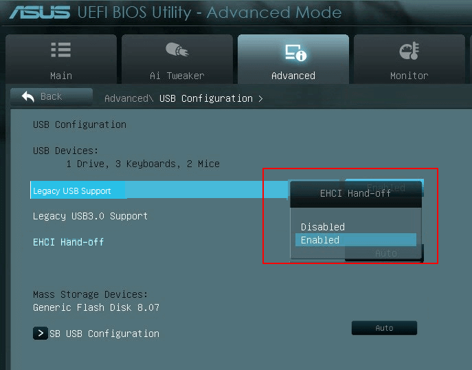 Enable legacy USB in BIOS