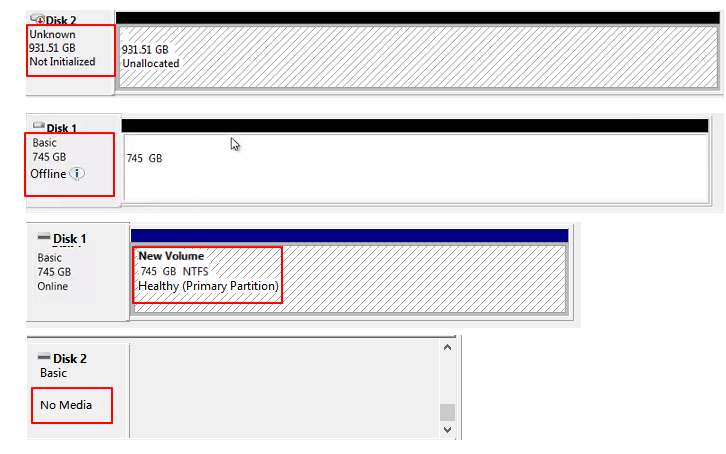 Maxtor hard drive shows up as unknown, offline, no media in disk management