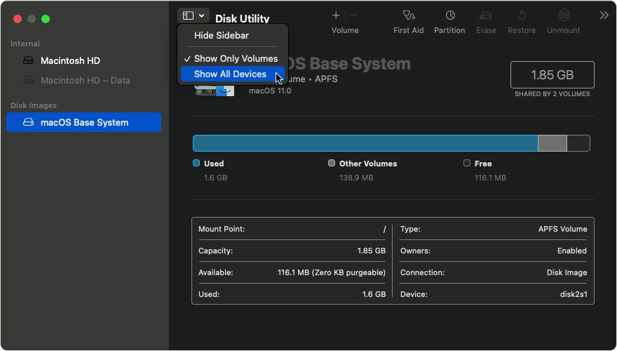 show all devices in disk utility in macos recovery