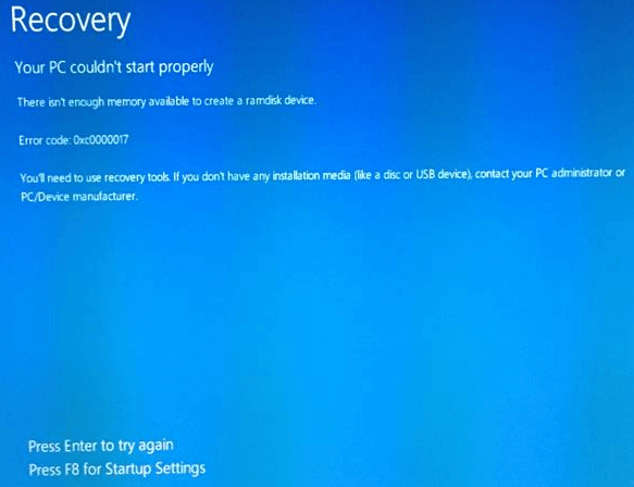 error code 0xc0000017 - you couldn't start properly