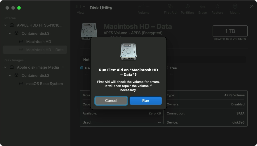 run first aid in disk utility