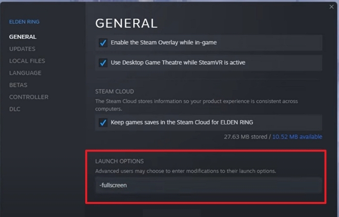 add fulscreen option in elden rings launch