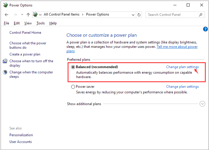 change plan settings in control panel