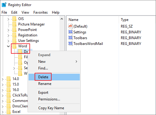 delete word data in regedit editor