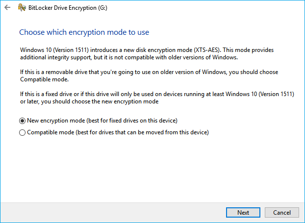 Choose encryption mode for devices.