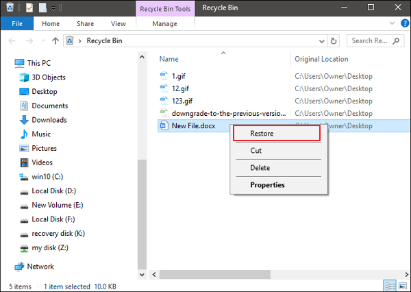 restore deleted word from recycle bin
