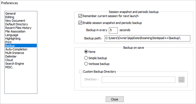 Find backup path of lost Notepad ++ files.