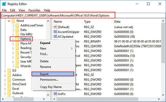 Remove not working Word registry keys