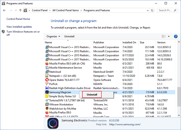 uninstall samsung magician